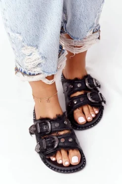 Klapki Z Klamrami I Futerkiem Czarne Lydi