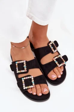 Klapki Z Klamrami Na Płaskim Obcasie Czarne Tovira