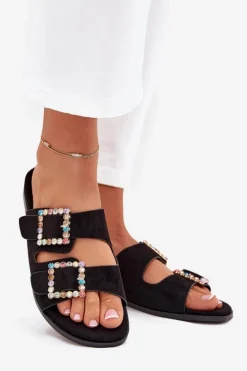 Klapki Z Klamrami Na Płaskim Obcasie Czarne Tovira