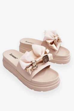 Klapki Z Kokardą I Ozdobnym Misiem Beżowe Suzy