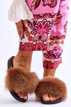 Klapki Z Naturalnym Futerkiem Brązowe Naturis