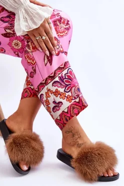 Klapki Z Naturalnym Futerkiem Brązowe Naturis