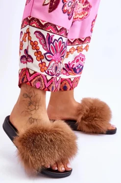 Klapki Z Naturalnym Futerkiem Brązowe Naturis