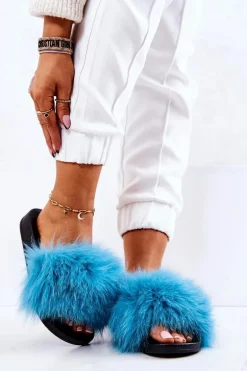 Klapki Z Naturalnym Futerkiem Niebieskie Naturis