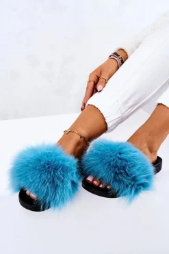 Klapki Z Naturalnym Futerkiem Niebieskie Naturis
