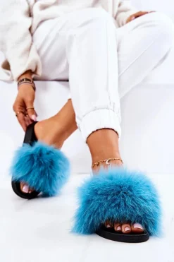 Klapki Z Naturalnym Futerkiem Niebieskie Naturis