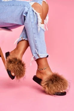 Klapki z Naturalnym Futerkiem Camel Elsa