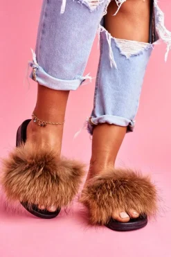 Klapki z Naturalnym Futerkiem Camel Elsa