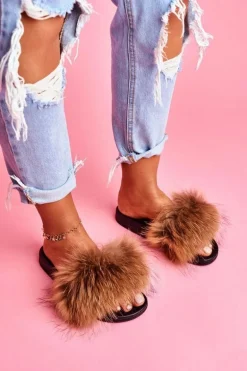 Klapki z Naturalnym Futerkiem Camel Elsa