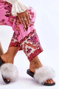 Klapki Z Naturalnym Futerkiem Białe Naturis