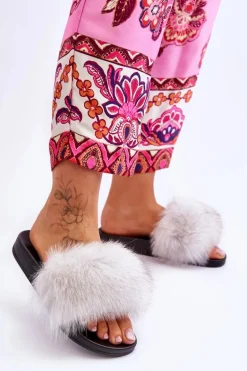 Klapki Z Naturalnym Futerkiem Białe Naturis