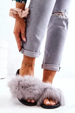 Klapki Z Naturalnym Futerkiem Szare Naturimo