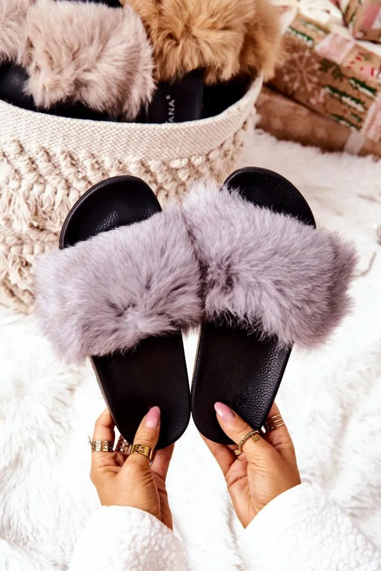 Klapki Z Naturalnym Futerkiem Szare Naturimo