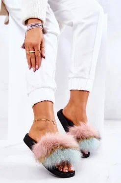 Klapki Z Naturalnym Futerkiem Różowo-Zielone Naturis