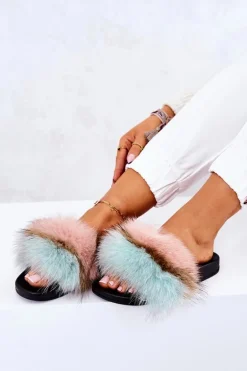 Klapki Z Naturalnym Futerkiem Różowo-Zielone Naturis