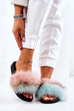 Klapki Z Naturalnym Futerkiem Różowo-Zielone Naturis