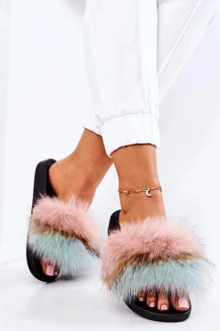 Klapki Z Naturalnym Futerkiem Różowo-Zielone Naturis