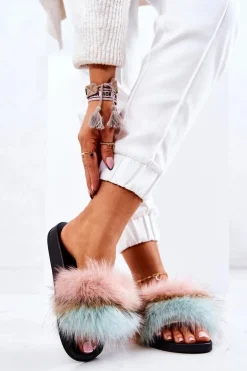 Klapki Z Naturalnym Futerkiem Różowo-Zielone Naturis