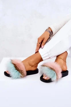 Klapki Z Naturalnym Futerkiem Różowo-Zielone Naturis