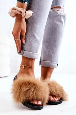 Klapki Z Naturalnym Futerkiem Camel Naturimo