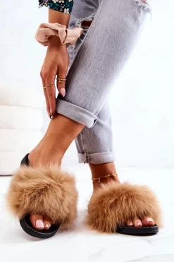 Klapki Z Naturalnym Futerkiem Camel Naturimo