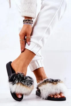 Klapki Z Naturalnym Futerkiem Biało-Czarne Naturis