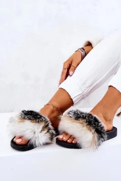 Klapki Z Naturalnym Futerkiem Biało-Czarne Naturis