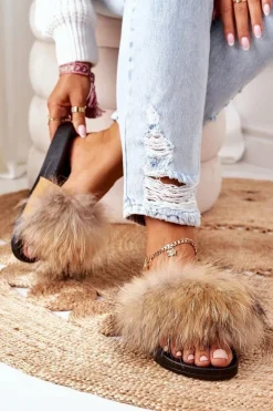 Klapki z Naturalnym Futerkiem Beżowe Elsa