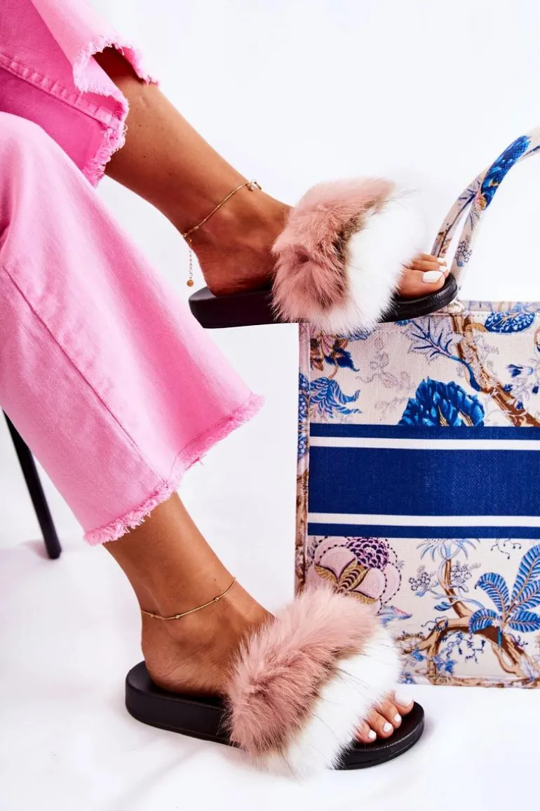 Klapki Z Naturalnym Futerkiem Biało-Różowe Naturis