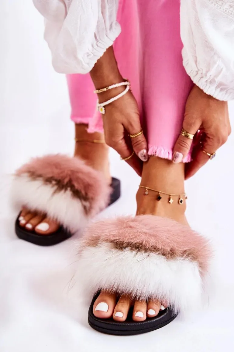 Klapki Z Naturalnym Futerkiem Biało-Różowe Naturis