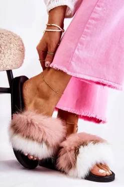 Klapki Z Naturalnym Futerkiem Biało-Różowe Naturis