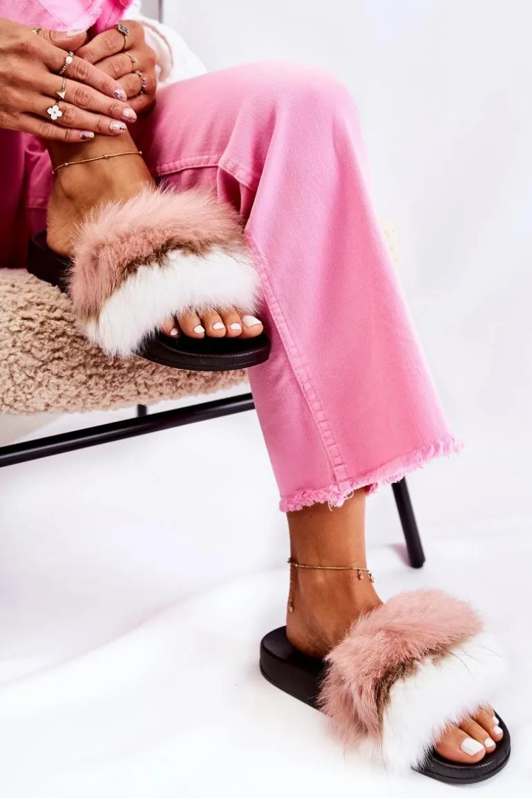 Klapki Z Naturalnym Futerkiem Biało-Różowe Naturis