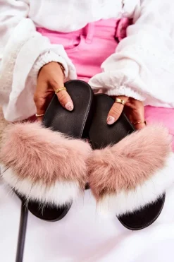 Klapki Z Naturalnym Futerkiem Biało-Różowe Naturis