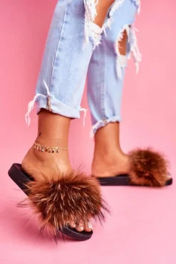 Klapki Z Naturalnym Futerkiem Brązowe Elsa