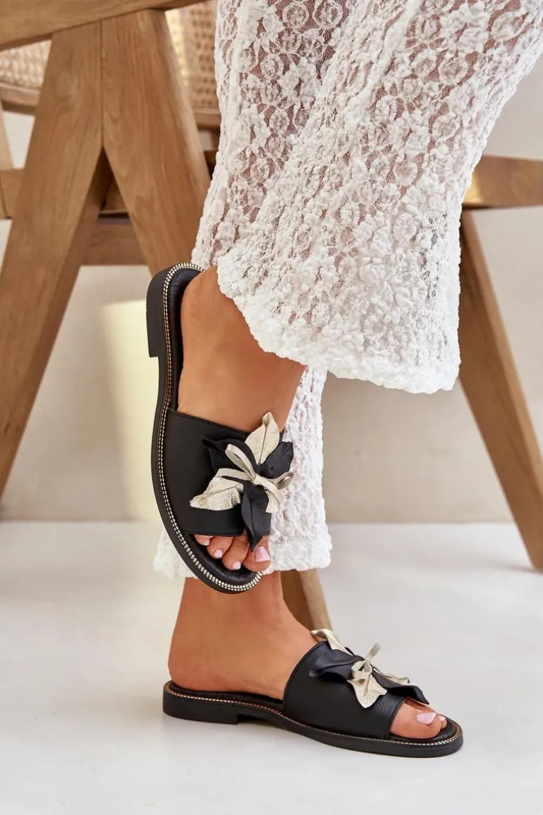 Klapki Z Ozdobą Skóra Naturalna Zazoo 3574/Z Czarne