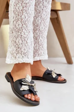 Klapki Z Ozdobą Skóra Naturalna Zazoo 3574/Z Czarne