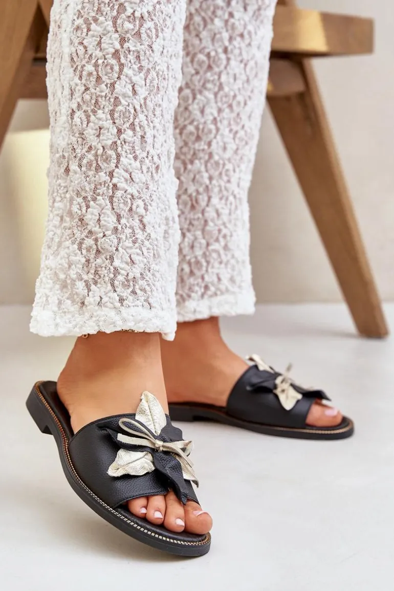 Klapki Z Ozdobą Skóra Naturalna Zazoo 3574/Z Czarne