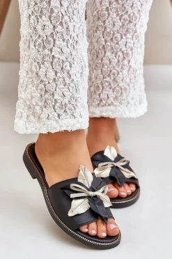 Klapki Z Ozdobą Skóra Naturalna Zazoo 3574/Z Czarne