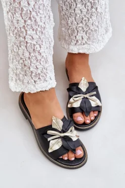 Klapki Z Ozdobą Skóra Naturalna Zazoo 3574/Z Czarne