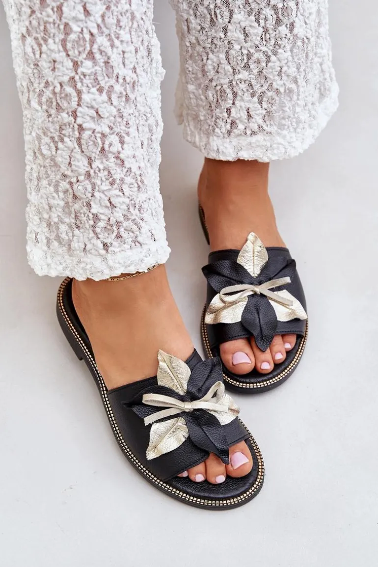 Klapki Z Ozdobą Skóra Naturalna Zazoo 3574/Z Czarne