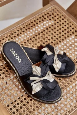 Klapki Z Ozdobą Skóra Naturalna Zazoo 3574/Z Czarne