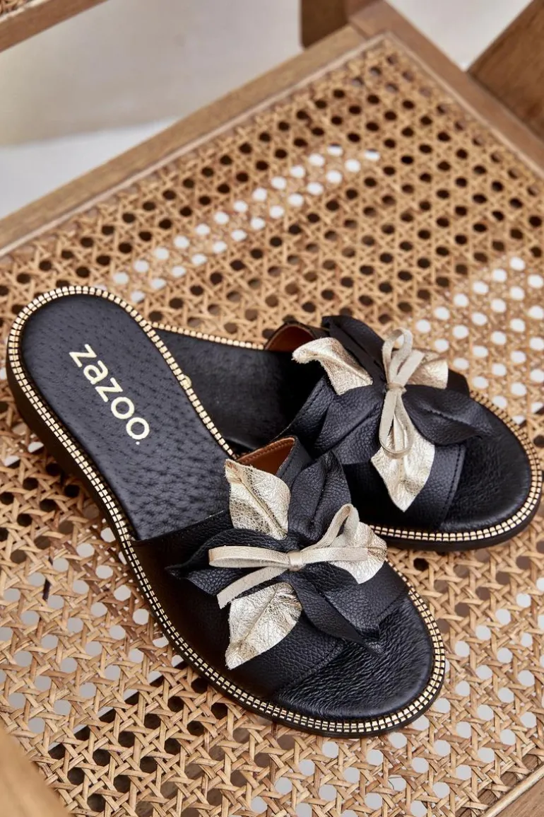 Klapki Z Ozdobą Skóra Naturalna Zazoo 3574/Z Czarne