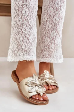 Klapki Z Ozdobą Skóra Naturalna Zazoo 3667 Złote