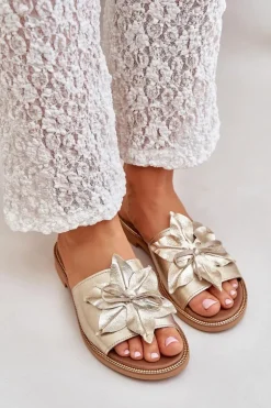 Klapki Z Ozdobą Skóra Naturalna Zazoo 3667 Złote