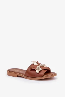 Klapki Z Ozdobą Skóra Naturalna Zazoo 3574/Z Camel