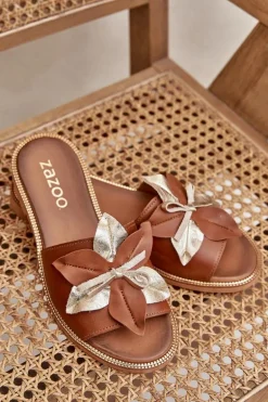 Klapki Z Ozdobą Skóra Naturalna Zazoo 3574/Z Camel