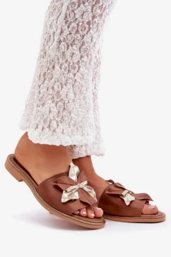 Klapki Z Ozdobą Skóra Naturalna Zazoo 3574/Z Camel