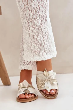 Klapki Z Ozdobą Skóra Naturalna Zazoo 3667 Złoty Przecierany