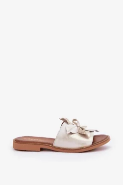 Klapki Z Ozdobą Skóra Naturalna Zazoo 3667 Złoty Przecierany