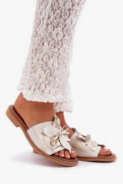 Klapki Z Ozdobą Skóra Naturalna Zazoo 3667 Złoty Przecierany